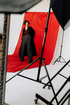 backstage from shooting a model in white studio