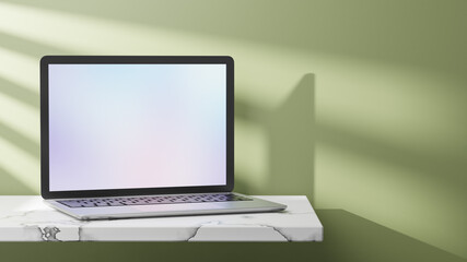 Laptop computer placed on marble top with sun light on green background. 3D illustration rendering image.