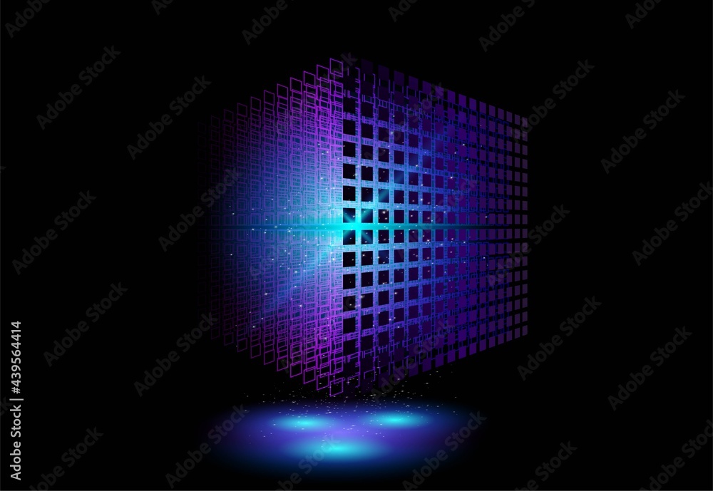 Poster perspective 3d wireframe cube. geometric cube from small pieces. ilustration.