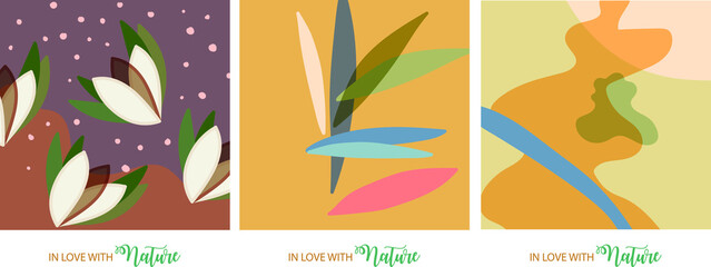 In love with Nature. Floral leaf and flower elements to support Earth and Nature and share some love to the world of plants and animals. Pastel colors. Spring and Summer time.