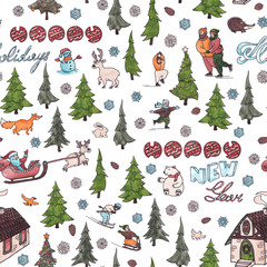 Seamless pattern of watercolor doodles for New Year decoration including:
Christmas trees, fir forest, snowman, Santa in deer cart, polar bear, children sledding, ice skating, skiing, house, fox...