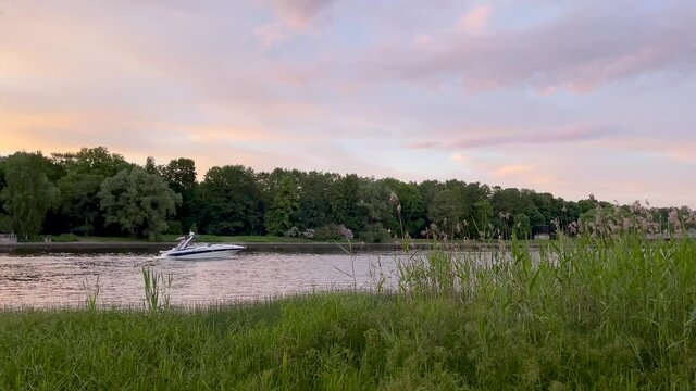 The river bank at sunset in summer. Summer landscape on the river bank. 4K video.