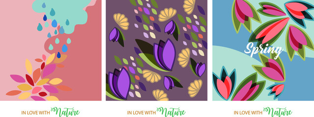 Fototapeta na wymiar In love with Nature. Floral leaf and flower elements to support Earth and Nature and share some love to the world of plants and animals. Pastel colors. Spring and Summer time.