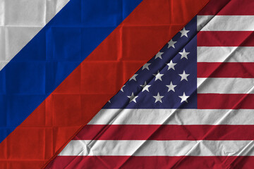 Concept of the relationship between the United States of America (USA) and Russia with two flags over each other