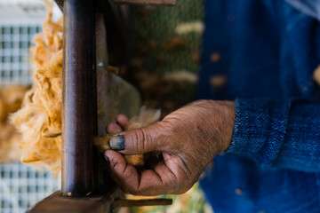 The old woman was separating cotton to make thread.