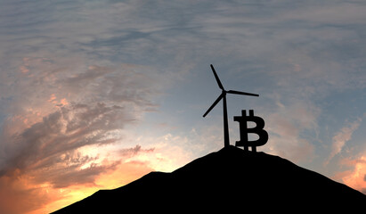 Fototapeta na wymiar Bitcoin cryptocurrency logo silhouette with sustainable wind turbines. 3D Rendering