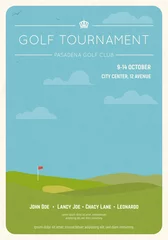 Foto auf Acrylglas Retro style golf club invite. Blue sky and green golf field. Golfclub competition poster on textured paper. Championship or tournament text placeholder. Template for golf championship event. © ikonstudio