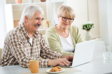 Elderly couple talking using laptop having breakfast together