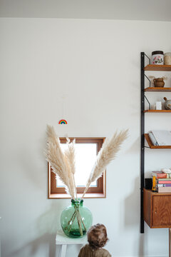 Room with rainbow hanger, kid looking at it 