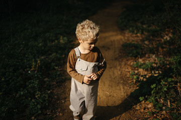 Blond child walking in the woods around sunset