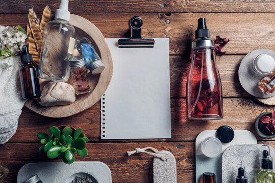 Blank paper sheet with aromatherapy oil and SPA accessories