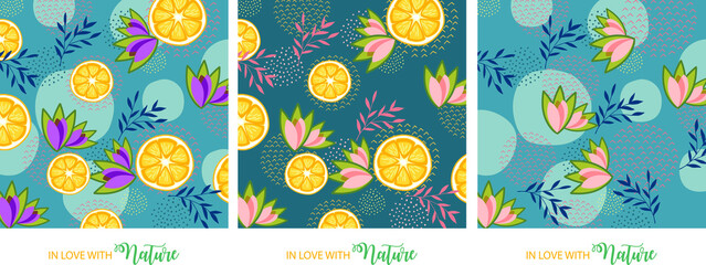 Floral and fruit elements. Pastel colors. Spring and Summer time. Pineapple  Lemon lovers. Nature. 