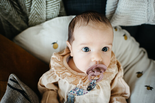 Close up of a new born baby girl with pacifier