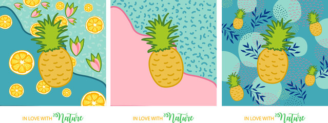Floral and fruit elements. Pastel colors. Spring and Summer time. Pineapple and Lemon lovers. In love with Nature. 