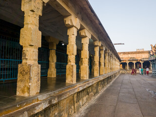 Stone pillars and columns at the ancient Hindu temple of Shri Abhirami in the village of Thirukkadaiyur.