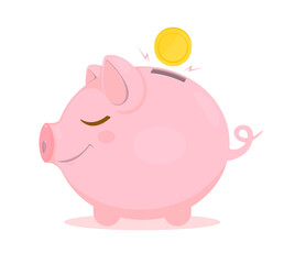 Piggy bank and coin isolated on white background. Savings or accumulation of money, investment, banking or business services. Vector illustration.