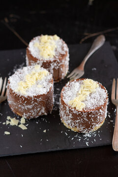 Chocolate mousse cake with coconut flakes