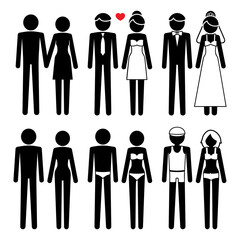 Set of couple in different poses. Collection black figures. Gentleman and lady relationship.Illustration print vector