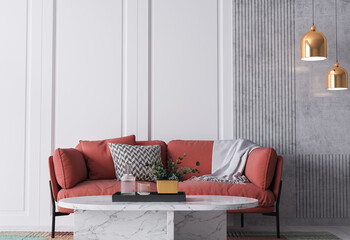 Bright colorful  home interior, red sofa on white wall mockup, 3d render