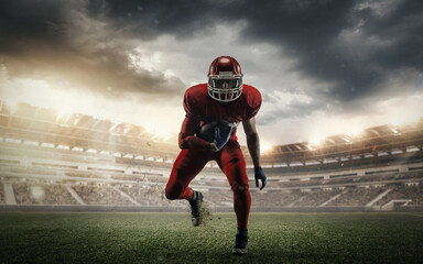 Young man american football player at stadium in motion. Action, activity, sportlife concept. Flyer...