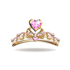 Princess crown or tiara with pearls and pink gems in the shape of a heart vector illustration isolated on white background. © liana2012