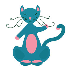Cute flat blue cat waving its paw. Cheerful, childish, vector illustration. Design of packaging, clothing, postcards, Internet. Isolated character on a transparent background.