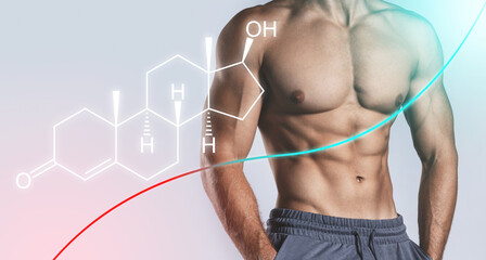 Muscular male torso and testosterone formula. Concept of hormone increasing methods. - obrazy, fototapety, plakaty