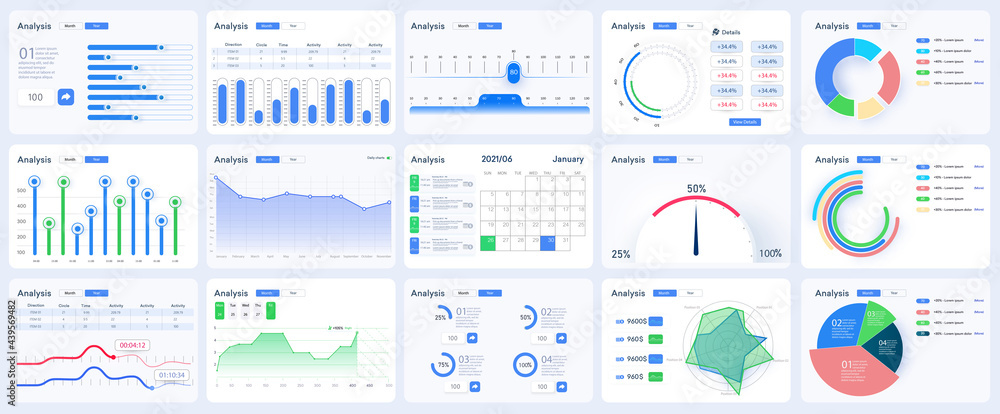 Aufkleber Modern infographic template with stock diagrams and statistics bars, line graphs and charts for finance report. Diagram template and chart graph,UI and UX Kit with big data visualization. Vector