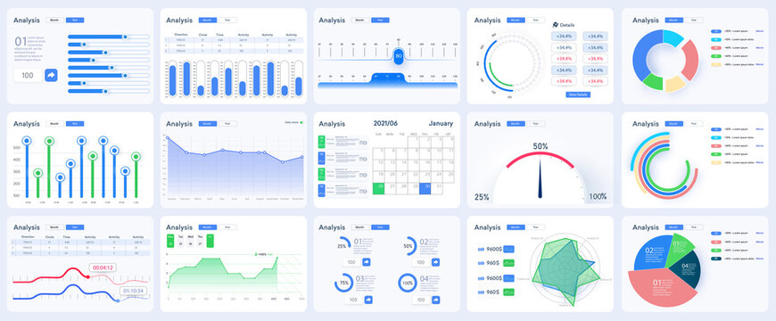 Modern infographic template with stock diagrams and statistics bars, line graphs and charts for finance report. Diagram template and chart graph,UI and UX Kit with big data visualization. Vector