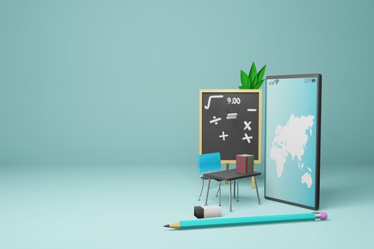 School online education with a mobile application with books, pencils, chairs, erasers, math sign on  light green background. Online training course. Digital Library. 3D rendering.