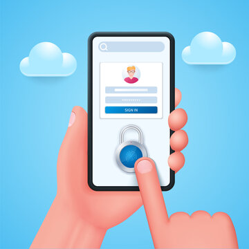 Sign in to a secure account. Smartphone security unlocked via fingerprint on a lock icon. Cellphone personal access via finger print, user authorization, login protection. Web vector illustrations in 