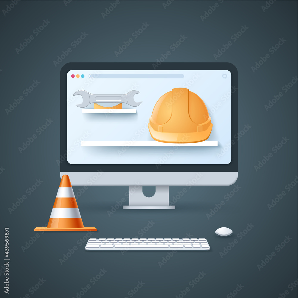 Poster website is under construction page. computer with safety helmet and spanner on the screen. traffic r