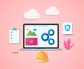 Site reliability engineering design template. Creating scalable and highly reliable software systems. Laptop with open pages on screen. Web vector illustrations in 3D style