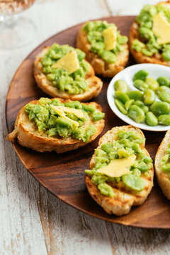 Crushed fava bean bruschetta