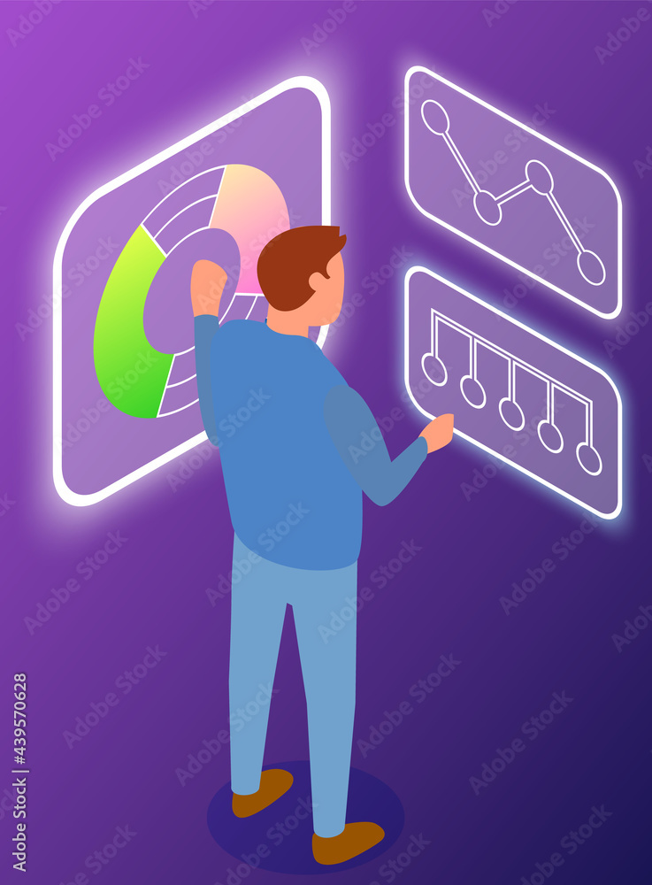 Poster person look at poster showing scheme, test model of electronic device. male character examine compon