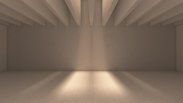 Light source move to the right and shine through balks casting shadows. Loopable animation of beige concrete interior light.