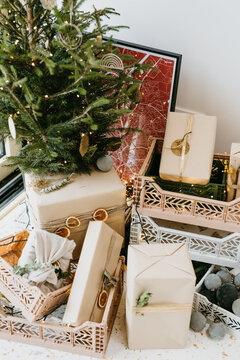 Close up of Christmas gifts and a Christmas tree