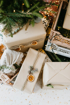 Close up of Christmas gifts under the Christmas tree