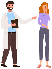 Woman with pain in consultation with doctor. Medical specialist consults patient with toothache. Girl touching her cheeck and feeling pain in tooth. Patient complains to physician about toothache