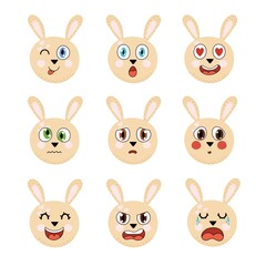 Cute rabbit emotions collection. Different emotional faces set with bunny. Learning feeling poster for school and preschool. Vector illustration