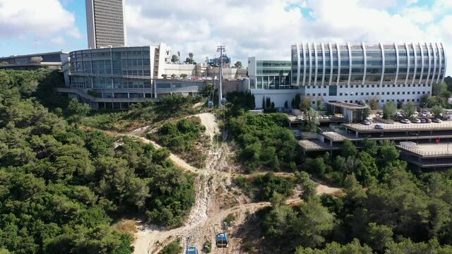 New Rachbalit cable cars arriving and leaving Haifa University campus, Aerial view.