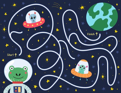 Help cute frog find a way to the planet Earth. Space maze puzzle for kids. Activity page with funny space character.  Mini game for school and preschool. Vector illustration