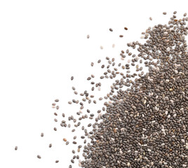 Pile of chia seeds on white background, top view