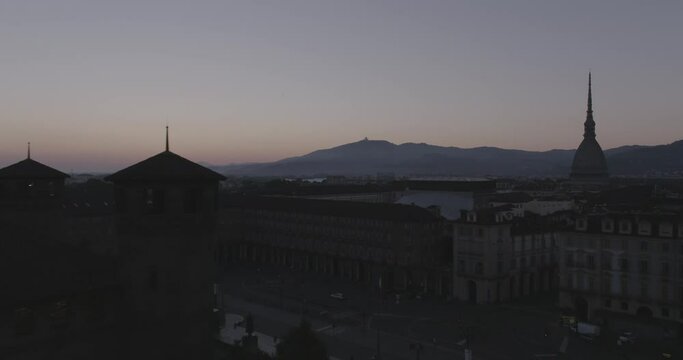 Aerial footage drone SUNRISE view of Mole in Turin Italy Torino // no video editing
