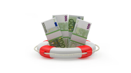 Euro banknotes in a lifebuoy on white. 3d illustration 