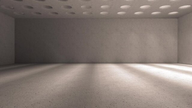 Light sources move to the right and shine through round holes casting shadows. Loopable animation of beige concrete interior light.