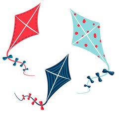 Set of cute vector flying kites. Bright elements collection of children summer games and outdoor activities. Holiday kids entertainment.