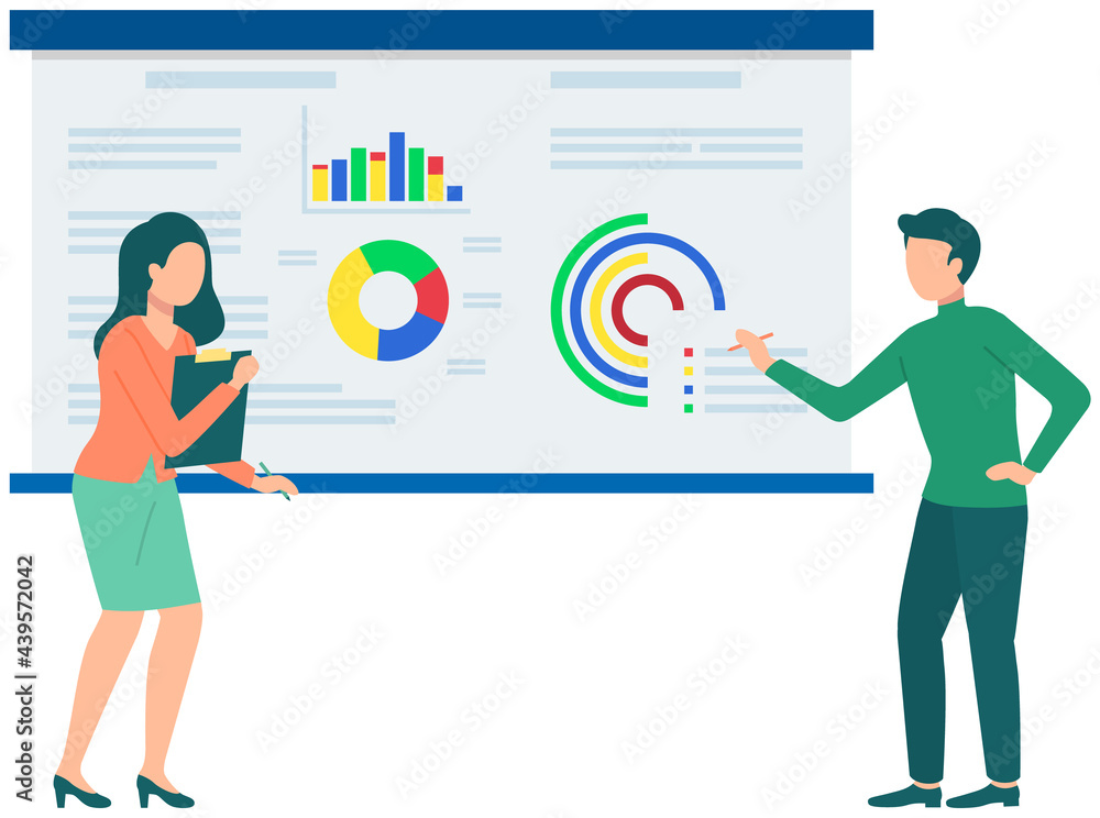 Poster couple discussing financial chart analytics. man and woman brainstorming flipchart statistic diagram