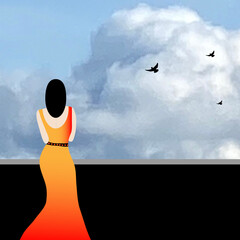 A woman stands on a balcony observing a huge cloud and three approaching birds in flight.