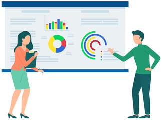 Couple discussing financial chart analytics. Man and woman brainstorming flipchart statistic diagram graphs. Presentation business strategy performance concept. People discussing pie chart with data